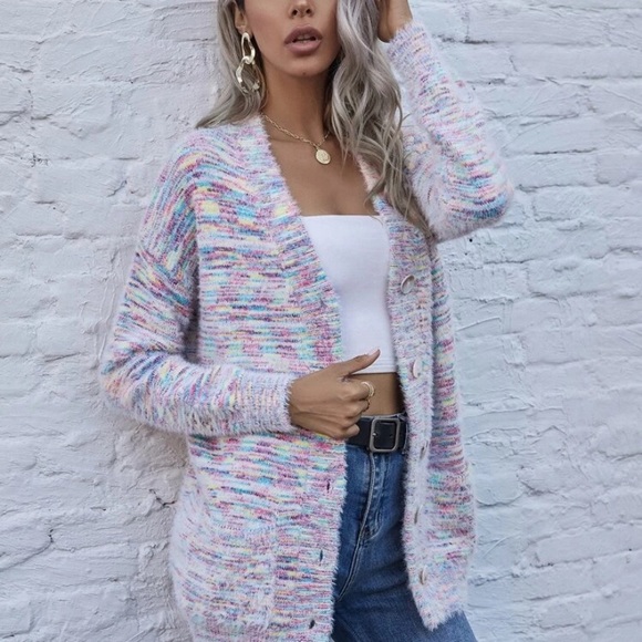 Button Front Patch Pocket Fuzzy Knit Cardigan - Picture 1 of 9